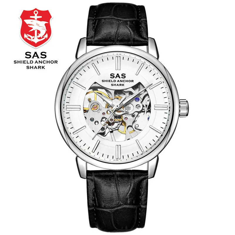 Sas Shield Anchor Shark Лидирующий бренд Мужские часы Скелет механические часы кожаный ремешок Часы мужские Бизнес Мода erkek kol saati - Цвет: black white