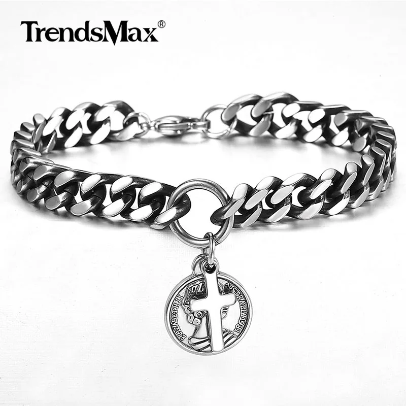 8 мм крест вера кулон браслеты для мужчин нержавеющая сталь Gunmetal тон круглый Снаряженная кубинская цепь браслет ювелирные изделия DBM69