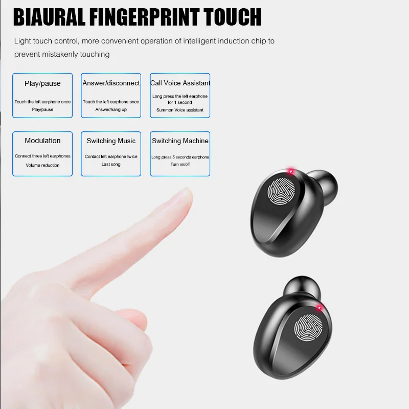 TWS Bluetooth Earphones with Microphone Touch Control Wireless Headphone HIFI Mini In-ear Earbuds Sport Running Headsets HD Call