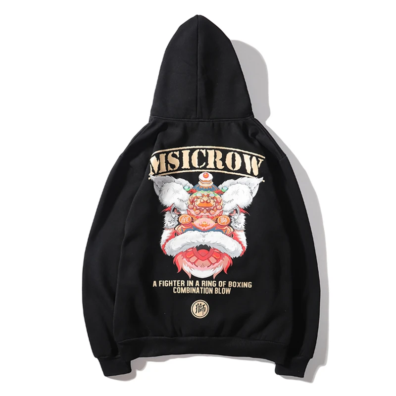 Черный Bebovizi Hip Hop Lion Dance Print Fleece Hooded Sweatshirts Chinese Style Pullover Streetwear Mens Casual Hoodies - Цвет: Черный