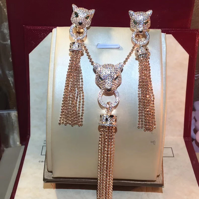 Популярный бренд, чистое серебро 925 пробы, ювелирные изделия для женщин, свадебные Пантеры, ювелирный набор, ожерелье с леопардом, серьги, кольцо, браслет, набор
