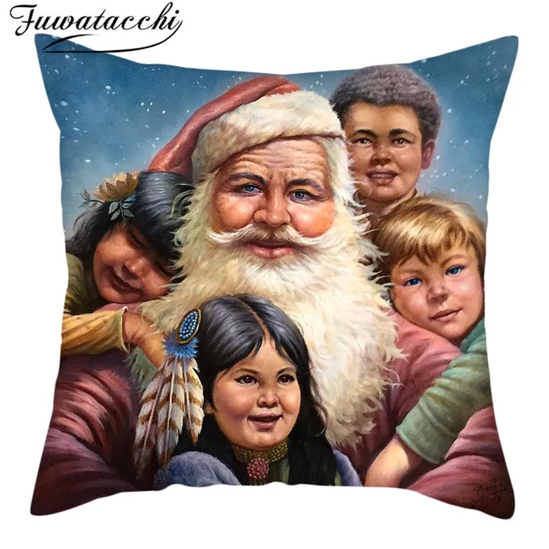 Fuwatacchi Santa Claus Printed Cushion Cover Christmas Pillow Covers Polyester Decoration Pillow Cases for Home Sofa 45X45cm