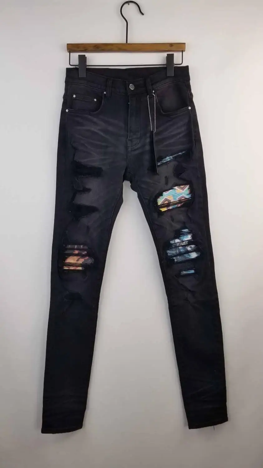 men art ribbed patch skinny distressed black jeans | Мужская одежда