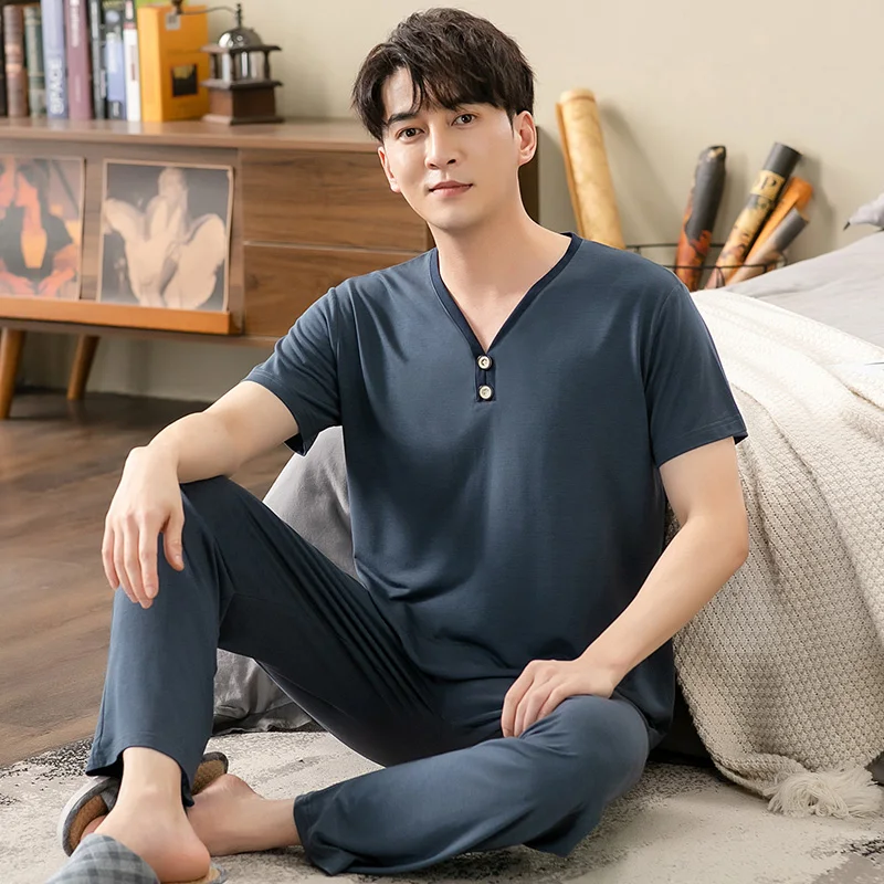 Men's Modal Cotton Pajamas Set Summer Short-Sleeve Tops + Long Pants Nightwear Home Wear Suits Simple Fashion Sleepwear For Men pajamas set man pajamas set