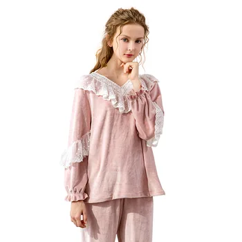 

European and American Trend Home Service Autumn New Ladies Nightgown Long Sleeve Trousers Suit Winter Warm Home