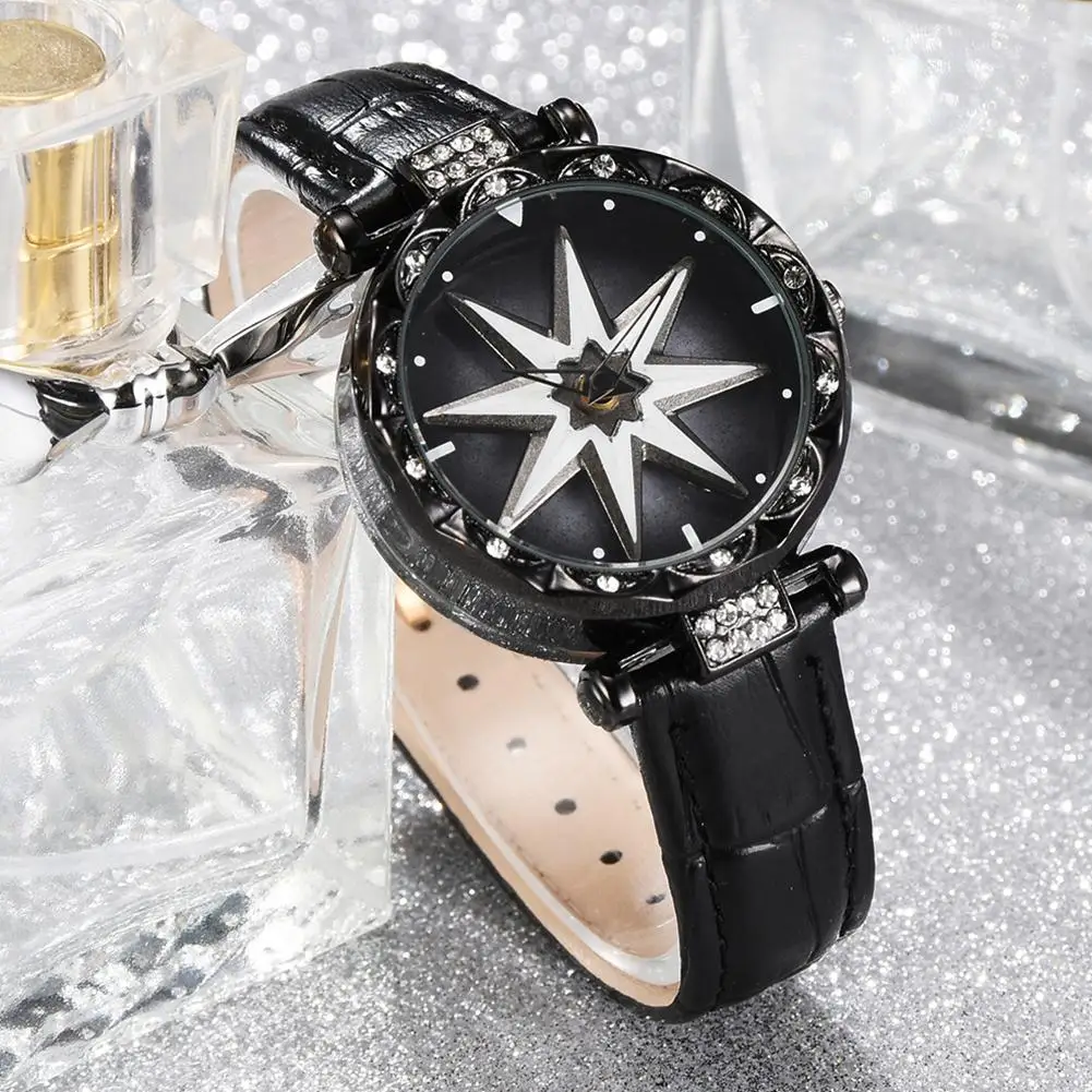 

Rhinestone Luxury Unique Lady Flower Rhinestone Round Dial Faux Leather Strap Analog Quartz Watch Gift zegarek damski For Women