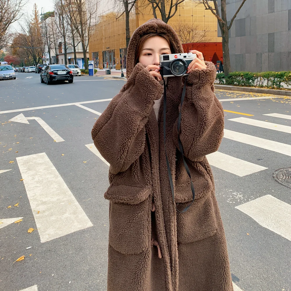 

2018 Winter New Style Korean-style WOMEN'S Wear-Style Retro Laziness-Style over-the-Knee Long Toggle Lambs Wool Coat Overcoat