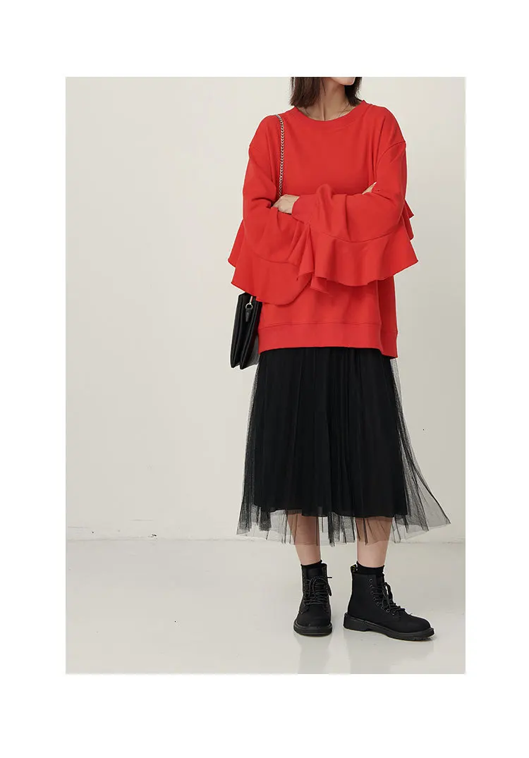 TVVOVVIN Autumn Solid Color Hoody Cotton Sweatshirts Female Solid Color Casual Women Sweatshirts Ruffled Fashion Tops B250