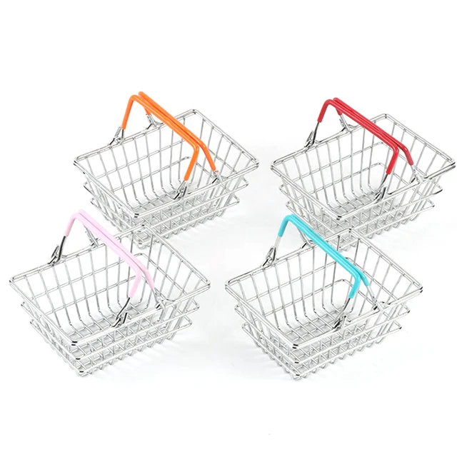 Children Miniature Metal Supermarket Shopping Basket Pretend Role Play Toy Gift Desktop Decor torage Toy Furniture Accessories 1