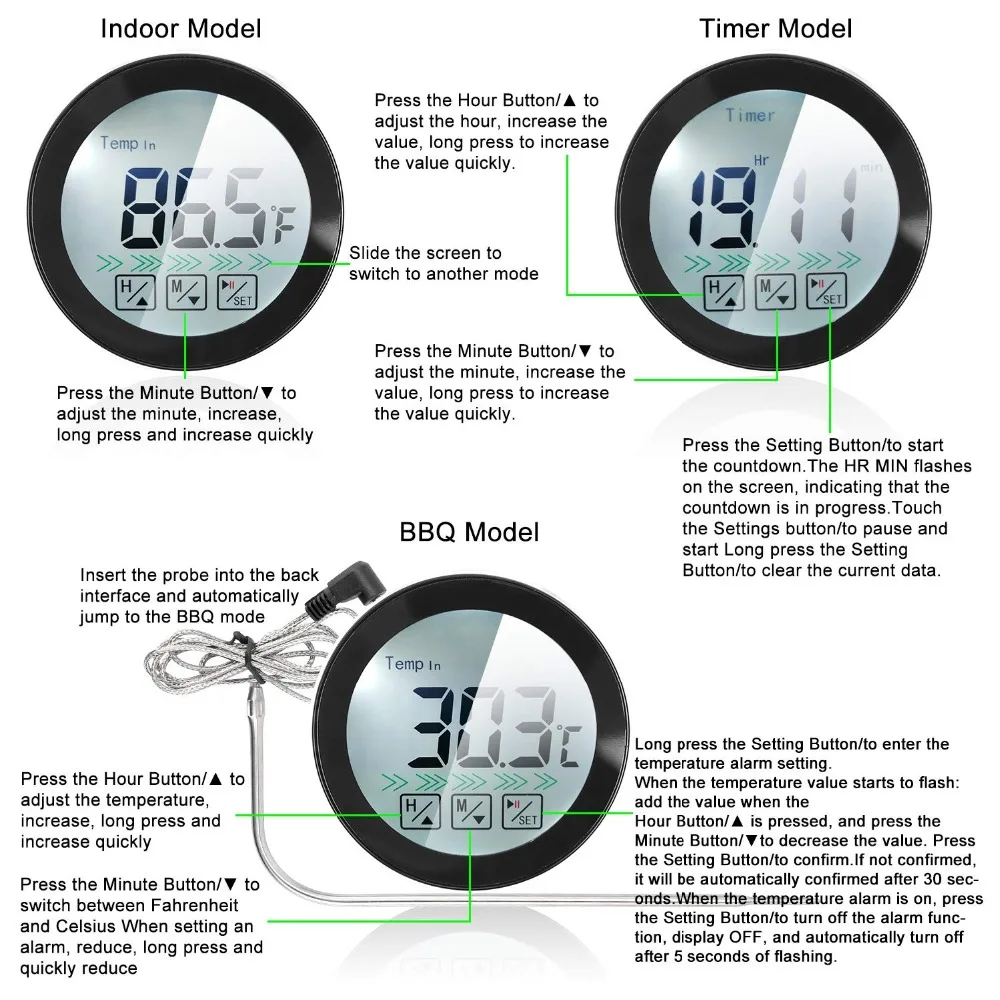 3 в 1 цифровой термометр для приготовления мяса барбекю с сенсорным экраном, термометр для приготовления пищи в помещении и на открытом воздухе с таймером и зондом для домашней печи для барбекю