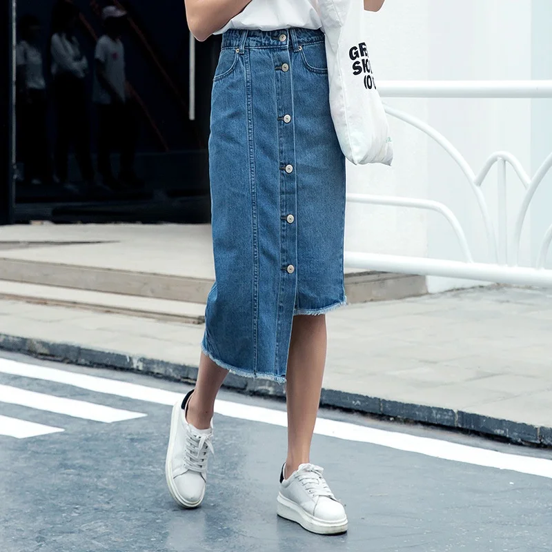 High Waist Vintage Denim Skirt Fashion Women Skirts Pencil Button Scratche Tassel Female Asymmetry Jeans Skirt Femme AA4930