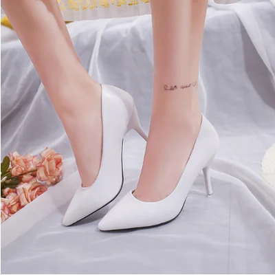 white 9 cm Простые женские туфли на высоком каблуке с закрытым носком офисные туфли-лодочки для вечеринок тонкие туфли больших и маленьких размеров 32,33 42 - Цвет: white 9 cm