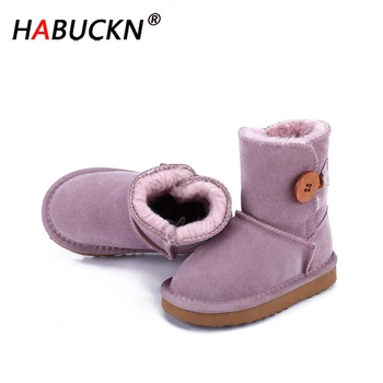 

HABUCKN 2020 Fashion Australian Wooden buckle Genuine Leather kids Winter Snow Boots For children Warm Winter Pretty cute dusk