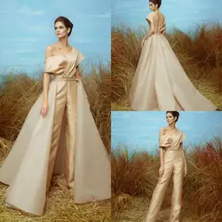 2021 Prom Jumpsuit With Detachable Train Gold Evening Dresses Off Shoulder Satin Elegant Formal Dress Party Vestidos Fest