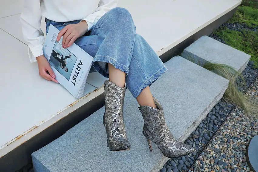 ESVEVA New Autumn Winter PU Leather Snakeskin Thin High Heel Mid Calf Boots Sexy Pointed Toe Slip on Women Shoes Size 34-43