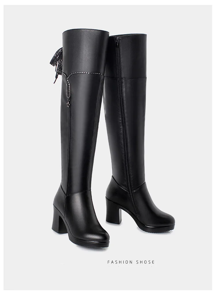 AIYUQI Womens Boots Thigh High Genuine Leather Rhinestone Platform High Heel Black Boots Women Winter Riding Boots