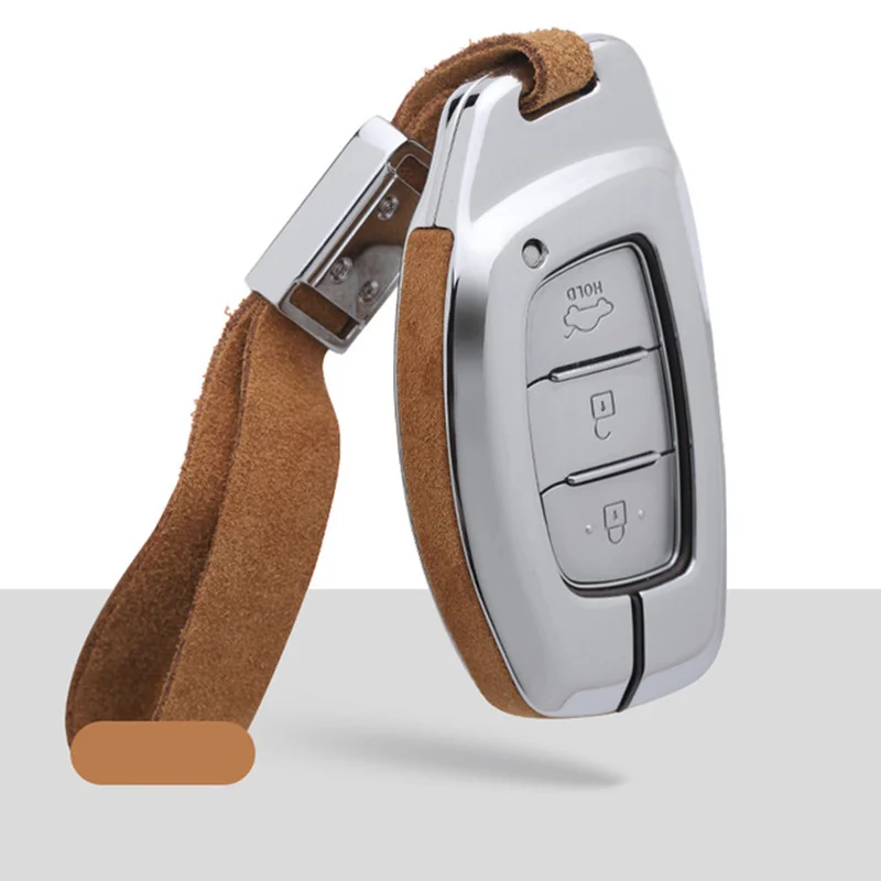 Suede Leather Zinc alloy car key protection case cover For Hyundai Verna Sonata Elantra Tucson Auto car styling holder keychain - Название цвета: A-brown keychain 2