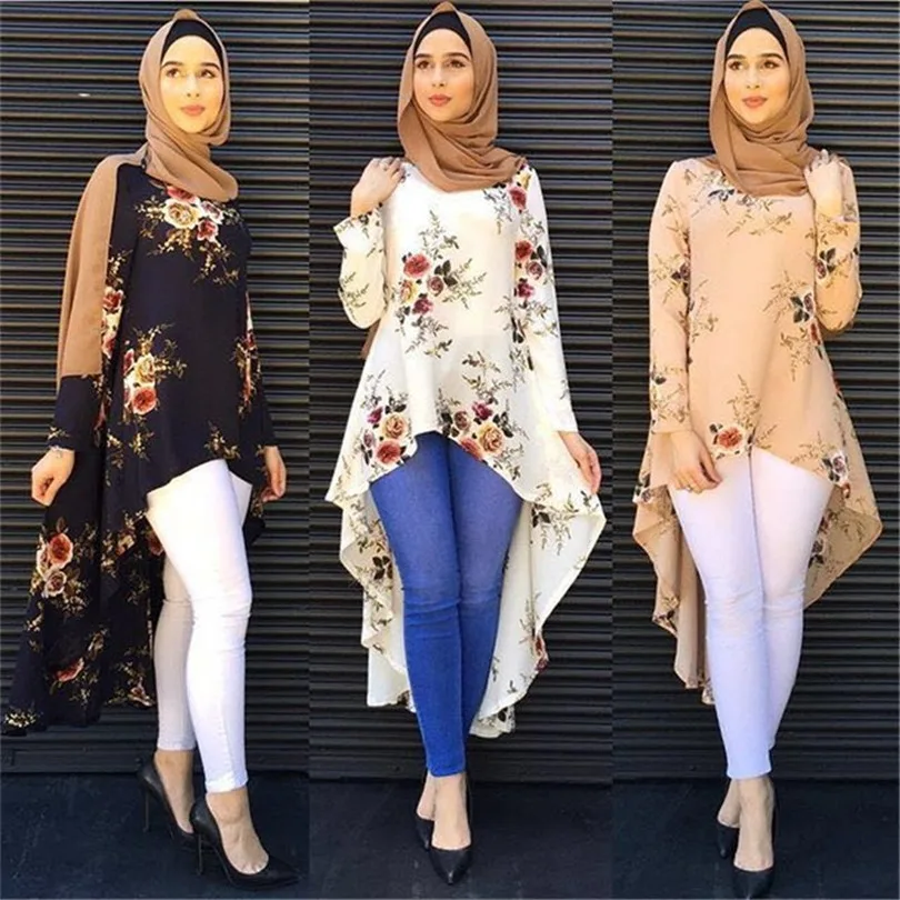 

2017 Fashion Muslim clothing long sleeve print shirts blouse for women Loose Blouse Hem Tops