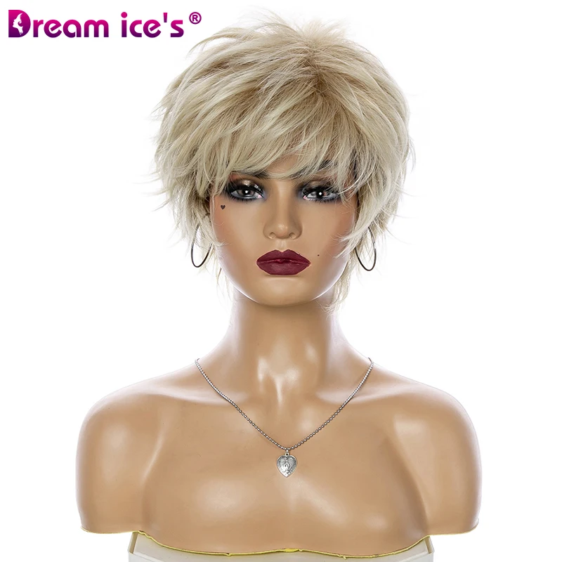 Short Mixed Light Blonde Straight Wave Synthetic Wig With Bangs For Women Natural Wavy Pixie Cut Hair Heat Resistant Cosplay Wig