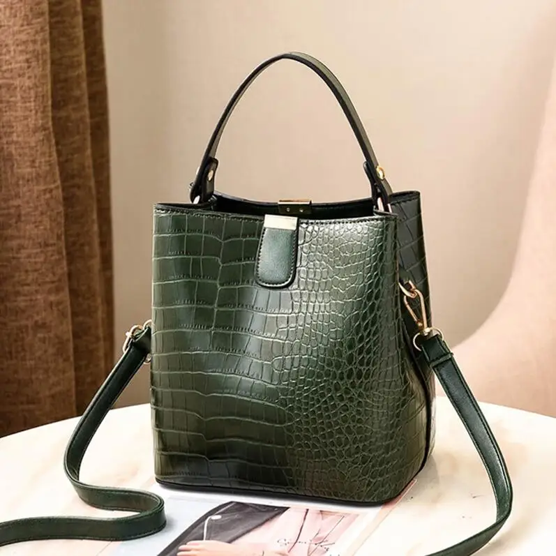 Lammei ретро ведро сумки для женщин узор сумки высокой емкости повседневное крокодил плеча курьерские сумки дамы PU кошелек - Цвет: Green