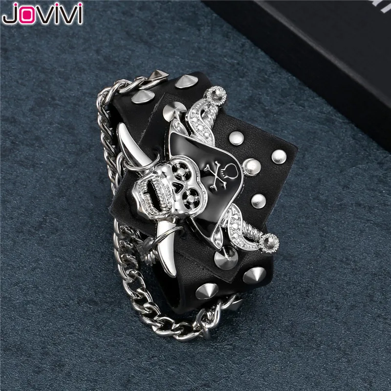 Jovivi 1x черный кожаный Металлический Шип Шипованная заклепка с черепом в стиле Панк-Рок Байкер Широкий ремешок браслет для женщин мужчин регулируемый браслет