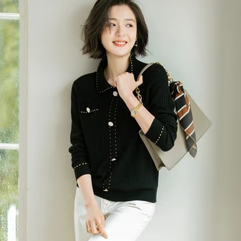 

Women New Vintage Loose Striped Jacquard Sweaters Long Sleeve Polo Collar Button Pullovers Autumn Knitted Retro Sweater Tops