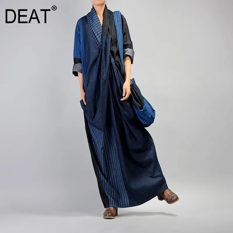 

[DEAT] 2019 New Autumn Winter V-Neck Long Sleeve Personality Crossing Spliced Striped Split Denim Dress Women Fashion 13D692