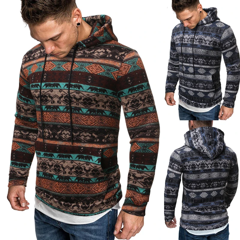  Men hoodies 2019 fashion sweatshirt Casual Slim Ethnic Style Printed Hoodie autumn Long Sleeve Hood