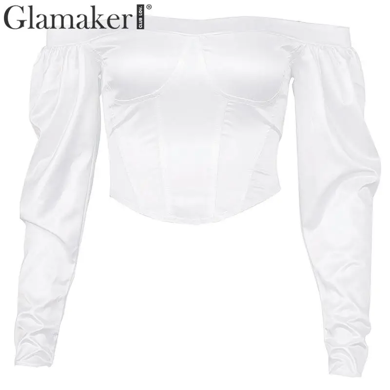 Glamaker винтажное платье с открытыми плечами белая блузка элегантный длинный женский с пышными рукавами Блузка Женская Осень Зима сексуальная вечерние клубная блуза