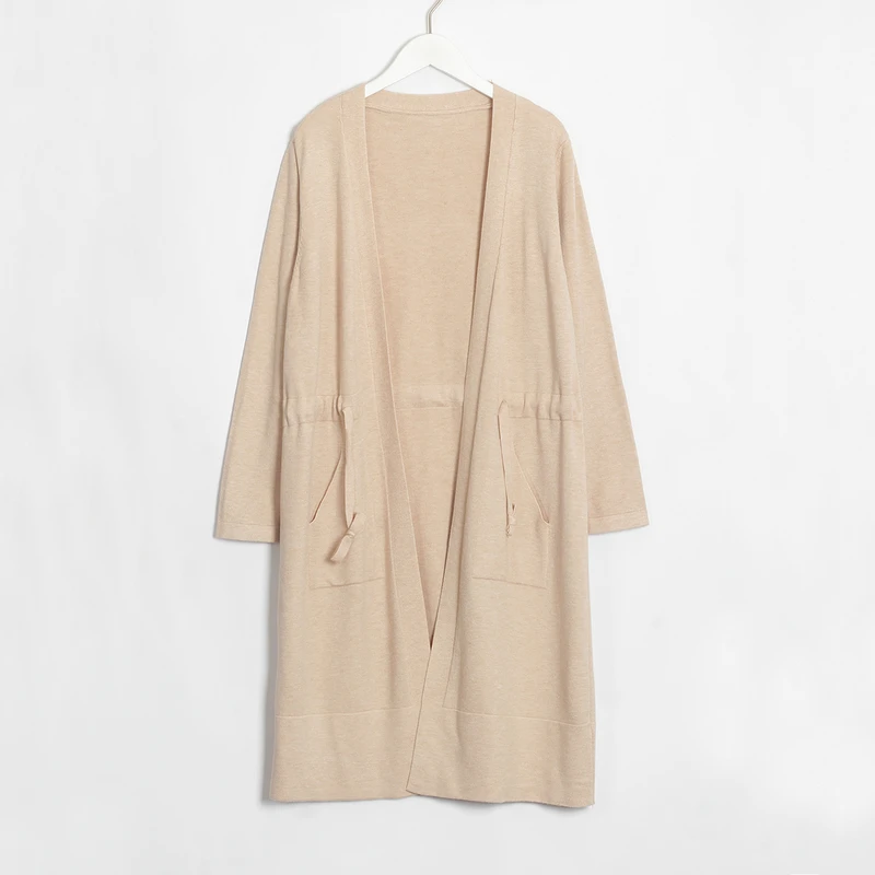 Wixra Women Solid Knitted Long Cardigan Sweater Autumn Winter Casual Lace-up Long Sleeve Pockets Knit Sweater Female Tops - Цвет: Apricot