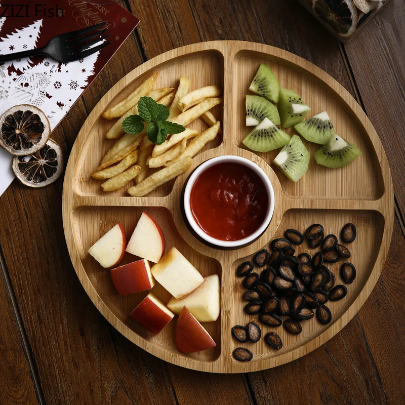 

Bamboo Wood Round Japanese Dinner Plate Serving Tray Beef Steak Fruit Snack Tray Restaurant Food Cutlery Storage Plate