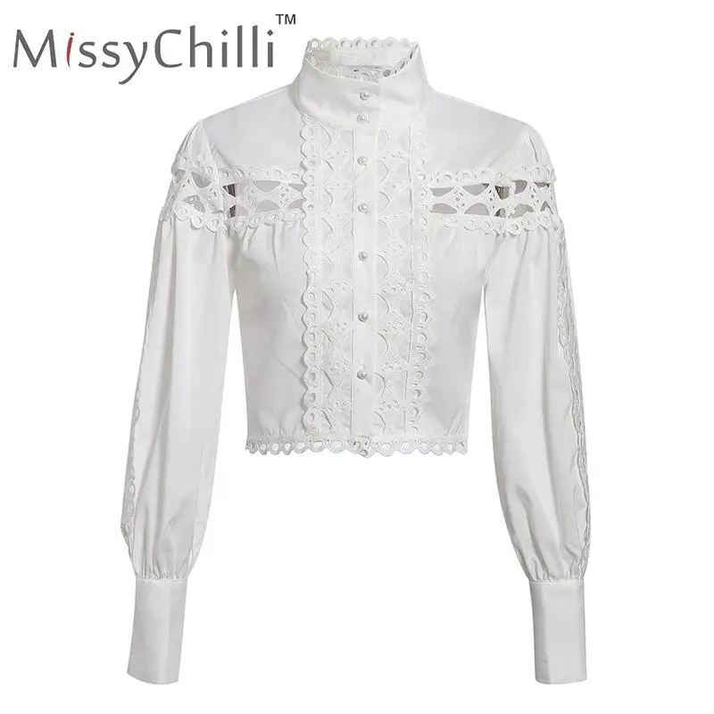 MissyChilli выдалбливают Вышитые белая офисная блузка рубашка для женщин с длинным пышным рукавом Блузка Весна сексуальный элегантный клуб короткий топ - Цвет: Белый