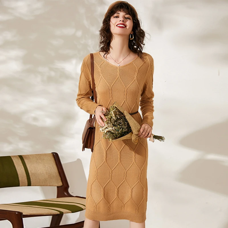 Шикарное женское кашемировое платье осень зима новые длинные рукава до колена платья Дамский вязаный свитер платье