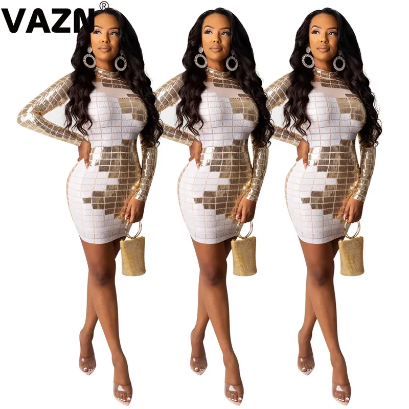 VAZN NK071 осеннее необычное тяжелое сексуальное Клубное модное лоскутное женское тонкое мини-платье с высоким воротником и длинными рукавами
