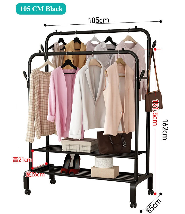 Garment Rack Floor Standing Clothes Hanger Double Pole Coat Rack Wardrobe Clothing Drying Rack Mobile Cloth Rail Home Furniture