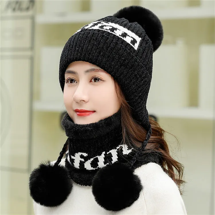 New Winter Chenille Knit Hats Women Warm Three Hair Ball Skullies Wool Hat Lady Cute Velvet Thick Sets 2 Bonnet Cap with Bib - Color: Black