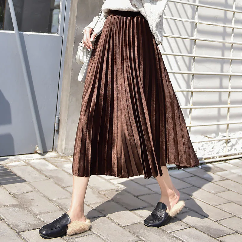 Черная бархатная длинная Плиссированная Женская юбка размера плюс Осенняя зимняя сексуальная юбка с высокой талией Женская винтажная Корейская зеленая юбка