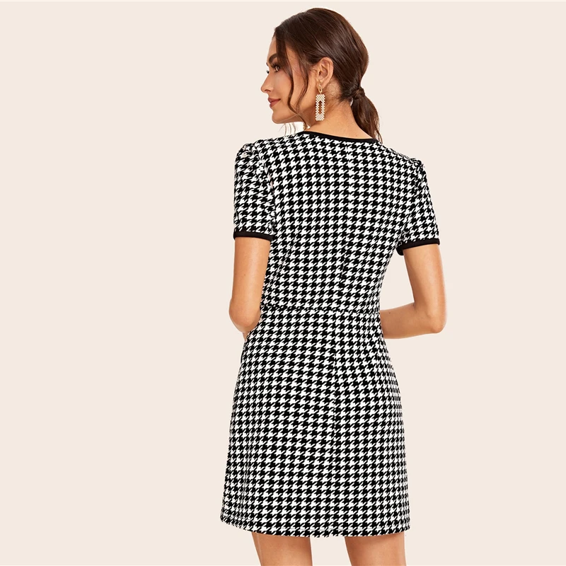 SHEIN Черное и белое элегантное женское платье с карманом-клапаном и рисунком «гусиная лапка», осень, короткое контрастное платье с коротким рукавом