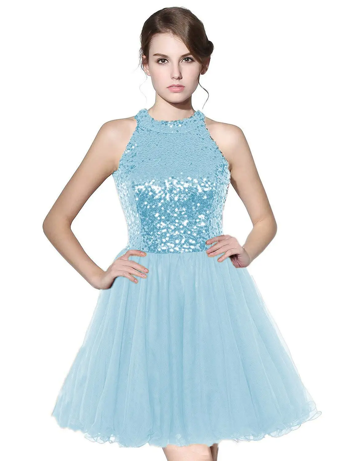 Sky Blue Блестящий топ из тюля с блестками, короткие платья для выпускного вечера, коктейльное платье для вечеринки, милое розовое/небесно-голубое/Королевское голубое коктейльное платье - Цвет: Sky Blue