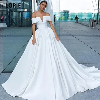

LORIE Off the Shoulder V-neck Sati Bridel Wedding Dresses 2020 White Elegant A-line Beach Bridal Gown Plus Size with Royal Train