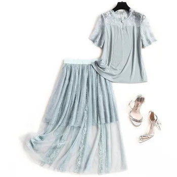 

Plus size women skirt and top two piece set summer 2020 lace short sleeve T-shirts elastic waist a-line long skirts casual sets