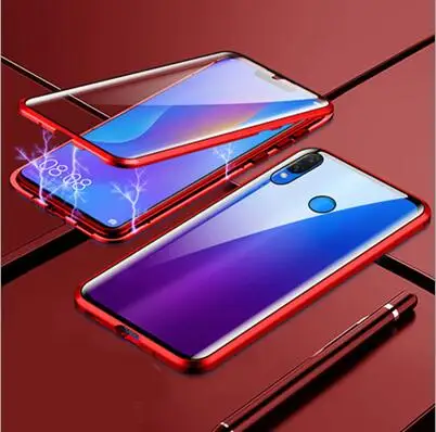 Роскошный чехол с магнитной адсорбцией для huawei Honor 8C 8c, металлическая рамка, двусторонняя стеклянная крышка Honor8 C, защитный чехол для телефона - Цвет: Красный