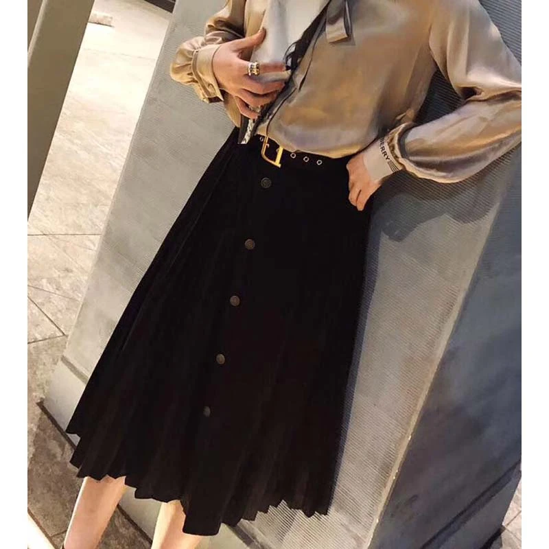 

Cosmicchic Pleated Maxi Skirt Runway Designer High Waist Single Button Long Skirt With Belt Fashion Elegant Black Skirts