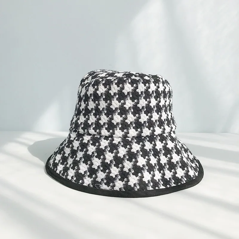 USPOP spring autumn hats women Black white plaid hats female tweed plaid bucket hats