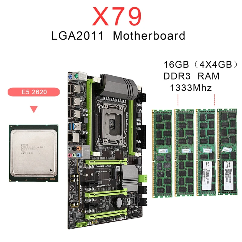 X79 материнская плата LGA2011 Combo с процессором E5 2620 4-Ch 16 Гб(4X4 Гб) DDR3 ram 1333 МГц NVME M.2 SSD слот