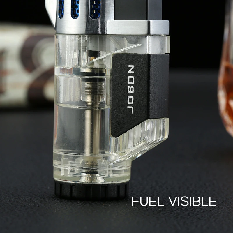 Compact Cigar Lighter Inflatable Triple Torch Windproof Jet Flame Adjustable Lighters Fuel Visible Butane Gas Lighter Cigarette Lighter