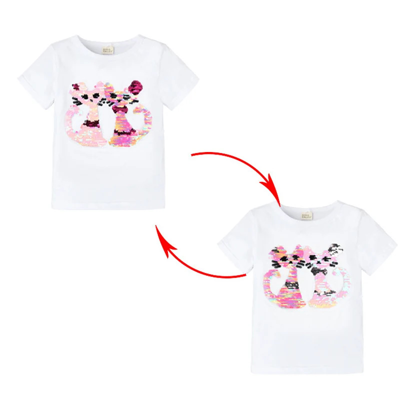 Милая футболка принцессы Эльзы и Анны От 2 до 8 лет для маленьких девочек хлопковая Двусторонняя одежда с блестками топы, футболки с рисунком и круглым вырезом - Цвет: S