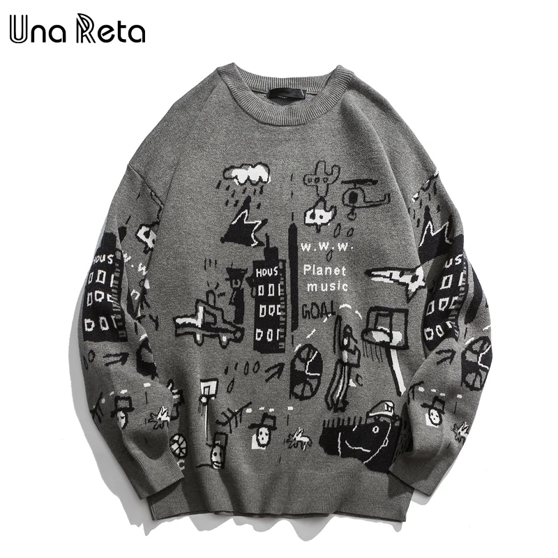 Una Reta мужской свитер осенний модный принт мультфильм свитер Pull Homme Повседневный свободный винтажный пуловер свитер для мужчин - Цвет: Серый
