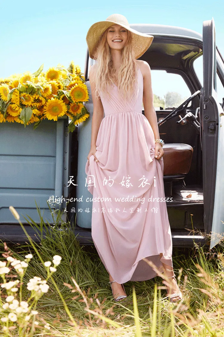 

spaghetti straps v-neck long bridesmaid dresses for weddings sexy backless pink chiffon 2015 vestido do casamento party gowns