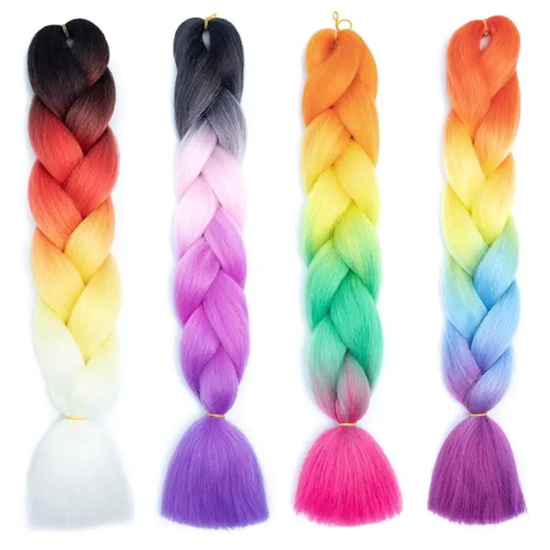 

4 Tone Rainbow Ombre 24 Inch Braiding Jumbo Synthetic Hair Extension for Crochet Box Braids Twist Long Fishtail Ponytail